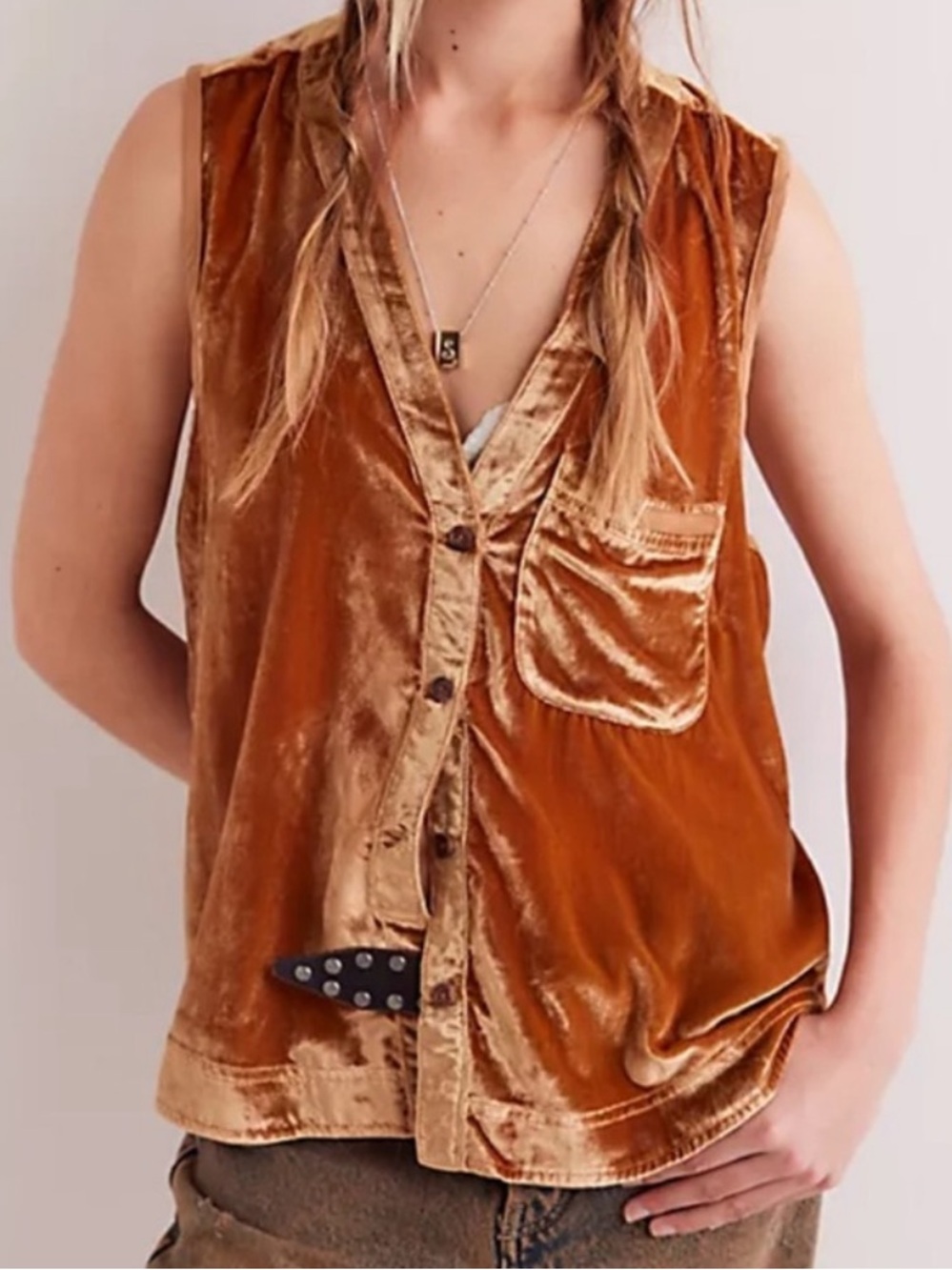 🍁FREE PEOPLE We The Free Velvet Sleeveless Button-Front Camisole in Rust Gold